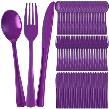Imagem de Conjunto de talheres de plástico com 300 peças, conjunto de talheres resistentes, inclui 100 colheres descartáveis, 100 garfos e facas para festas, reuniões de família (Roxo)