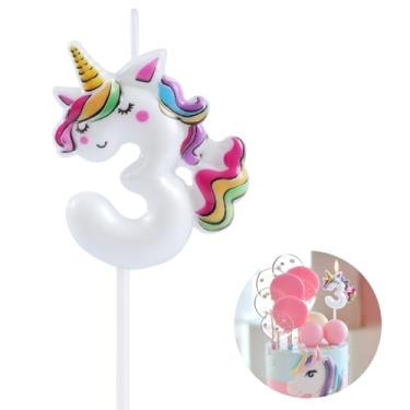 Imagem de EAKE Vela de aniversário número 3, unicórnio, 3 topos de bolo, decoração para festa de feliz terceiro aniversário, decoração de aniversário de unicórnio, unicórnio dormindo três com cores vivas de
