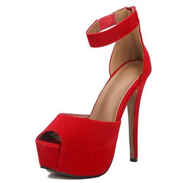 Imagem de MAIERNISI JESSI Sandália feminina plataforma peep toe tira no tornozelo stiletto salto alto vestido com zíper, Veludo vermelho, 40