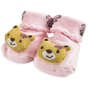 Imagem de Meia Pantufa Menina Infantil 6m a 12m Divertida Antiderrapante Ursinho