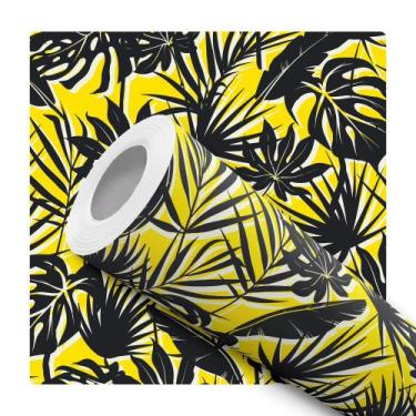 Imagem de Papel De Parede Adesivo Lavável Folhagem Tropical Amarelo Preto Abstra
