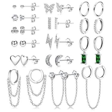 Imagem de LOYALLOOK Conjunto de brincos e argolas folheados a ouro 14 k para mulheres conjunto de brincos de argola de pressão delicado minimalista lua coração borboleta CZ bola pequena corrente pendente conjunto de brincos de argola para vários piercings, Metal, aço inoxidável