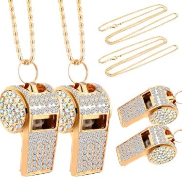 Imagem de WinnerWhy Pacote com 2 apitos de strass de cristal de metal, apito dourado, apito brilhante com corrente para mulheres, capitã, árbitro, basquete, oficial