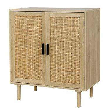 Imagem de Finnhomy Aparador, aparador de armazenamento de cozinha com portas decoradas em vime, buffet de café com licor, sala de jantar, corredor, mesa de console, armário de destaque, 80 x 48 x 88 cm, natural