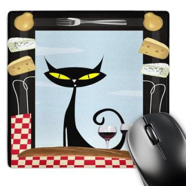 Imagem de 3dRose Mouse pad LLC 20 x 20 x 0,63 cm, moldura gourmet para comida, pano de mesa quadriculado, taças de vinho e um gato preto chique (mp_128912_1)