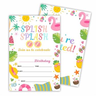 Imagem de Hsupl Cartões de convite de aniversário (10 cm x 15 cm - Splish Splash - Conjunto de 20 convites de aniversário com envelopes - Convites de férias na praia do sol para meninos adolescentes crianças