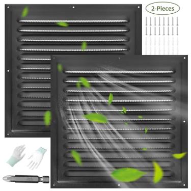 Imagem de TIHCXNY (Pacote com 2 aberturas pretas 25,4 cm x 25,4 cm) Aberturas de ventilação de galpão de metal com malha de tela Aberturas quadradas porta exterior casa sótão garagem teto melhorada grelha de