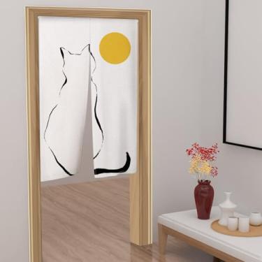 Imagem de Leowefowa Cortina de porta de gato japonês The Black Cat Looked at the Yellow Moon Door Hanging Tradition Paint Japan Style Ink Cat Bedroom Divisor Kitchen Divisor de banheiro Decoração de porta de