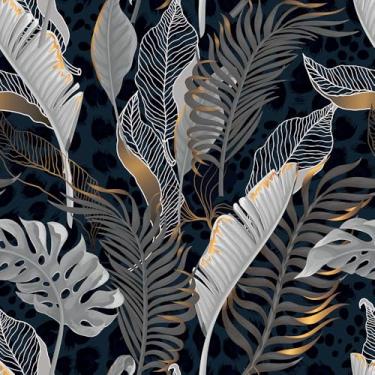 Imagem de MuralPeel Papel de parede moderno preto e branco azul marinho dourado plantas tropicais folhas descascar e colar autoadesivo removível fácil de descascar no papel de parede para armário de quarto