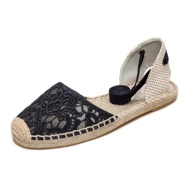 Imagem de U-lite Sandália feminina espadrille rasteira fechada no tornozelo, cadarço clássico verão elegante sapatos rasos, Renda preta, 34