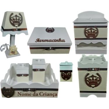 Imagem de Kit Higiene bebê Mdf decorado 8 pçs - BRANCO COM PALHA DE COROA - Flor