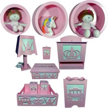 Imagem de Kit Higiene bebê mdf 8 pçs + 3 Nichos ROSA - PRINCESA ROSA (Pronta Ent