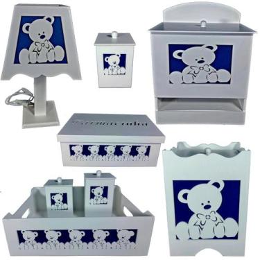Imagem de kit higiene bebe mdf decorado 8pçs - URSINHO AZUL MARINHO - Flores par