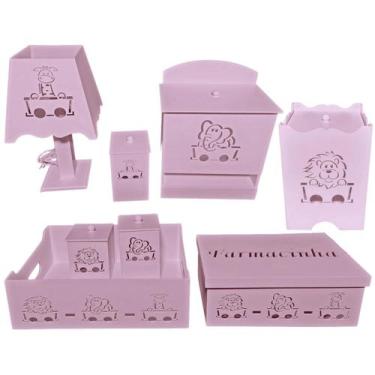 Imagem de kit higiene bebe mdf decorado 8 pçs - SAFARI ROSA - Flores para Mariae