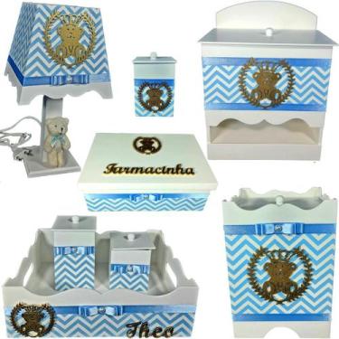 Imagem de Kit Higiene bebê Mdf decorado 8 pçs - CHEVRON AZUL BB DE URSINHO - Flo