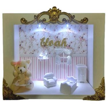 Imagem de Quadro Enfeite Porta Maternidade Cenário Led - BRANCO FLORIDO E DOURAD