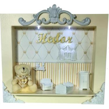Imagem de Quadro Enfeite De Porta Maternidade Cenário Led - Creme Branco ursinho