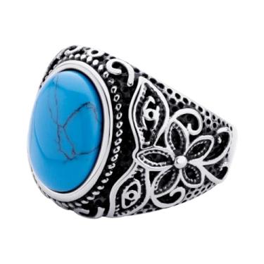 Imagem de 555Jewelry Anéis de aço inoxidável prata masculino vintage anel oval olho de tigre turquesa anel masculino anel mindinho para homens joia legal motociclista para homens | Tamanho EUA 8-13, Aço
