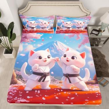 Imagem de Jogo de cama solteiro com desenho animado de gato, flores de cerejeira, japonês, para decoração de quarto de adolescentes, lençol de microfibra com tema Kung Fu (1 lençol com elástico + 1 fronha)