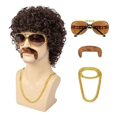 Imagem de TUOFLY Perucas Masculinas Curtas, Marrom, Cacheadas, Afro, Peruca Para Homens, Anos 70, Fantasia De Discoteca, Peruca Com Óculos, Colar, Bigode E Touca, Cabelo Sintético Natural E Fofo, Peruca Para