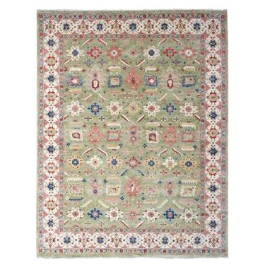 Imagem de Shahbanu Rugs Tapete oriental atado à mão de lã pura verde oliva (2,8 m x 25,4 cm)