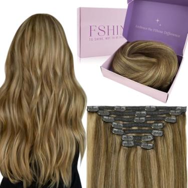 Imagem de Fshine Clipe em extensões de cabelo 120g 20inch Extensões Clipe de cabelo humano em extensões Cor 4 Chocolate Brown Destaque 27 Caramelo Loiro Extensões de cabelo Hair Clip em extensão Cheveux