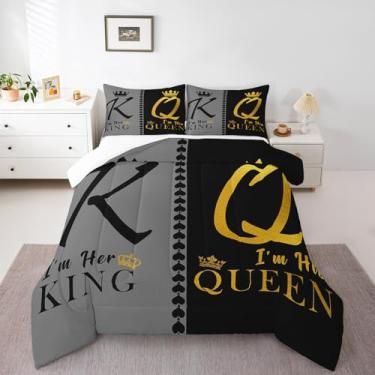 Imagem de Manfei Conjunto de edredom King e Queen, tamanho king, coroa dourada preta para decoração de quarto de casal e namorado, cinza e preto para todas as estações, conjunto de colcha de poliéster macio, 2