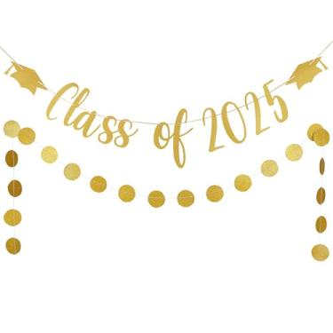 Imagem de Decorações de formatura douradas – Faixa dourada com glitter classe de 2021 e guirlanda com bolinhas douradas, decorações de festa de formatura 2021, faixa de formatura 2021, artigos de festa de formatura 2021