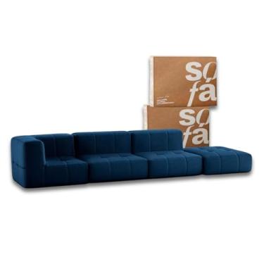 Imagem de Sofá 3 lugares Modular com Apoio (Puff) - Sofá na Caixa em Boucle com 4 Módulos 2,58m (Azul, 1 Braço)