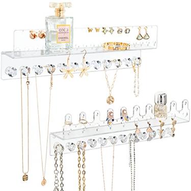 Imagem de Oaque Organizador de joias de acrílico para pendurar na parede com prateleira flutuante, organizador de colar, organizador de brincos e suporte de anel para mulheres e meninas (pacote com 2)