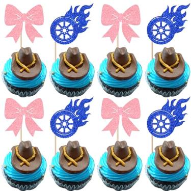 Imagem de Rsstarxi 24 Pack Bows and Racing Wheel Cupcake Toppers Gender Reveal Party Decorations Burnouts Boy or Girl Cupcake Picks for Baby Shower Birthday Cake Decorations Blue