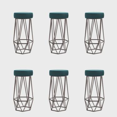 Imagem de Kit 06 Banqueta Com Encosto Mhara Hexágono Cozinha Bar Ferro Marrom Suede Azul Turquesa - Ahz Móveis