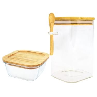 Imagem de Jogo De Potes Herméticos Marmita De Vidro Com Tampa Bambu 500ml + 1000mL