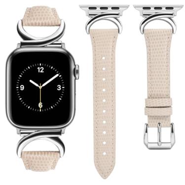 Imagem de Minyee Pulseira feminina de couro compatível com Apple Watch séries 11 10 9 8 7 6 5 4 SE/Ultra 3 2 1, lagarto Starlight/prata