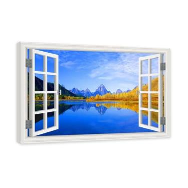 Imagem de PY3H69 Arte de parede em tela de janela aberta, impressão natural em tela. Lindo cenário de montanha 66 cm, decoração de parede de paisagem de janela, decoração de casa moderna. Moldura interna 50 x