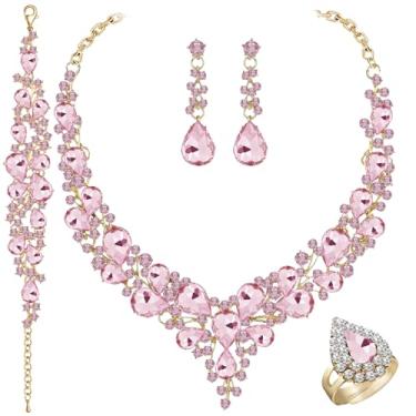 Imagem de Paxuan Conjuntos de joias de casamento de cristal para mulheres strass, gota, cristal, declaração, gargantilha, brincos, pulseiras, anéis, lágrima, conjunto de joias para noivas, damas de honra