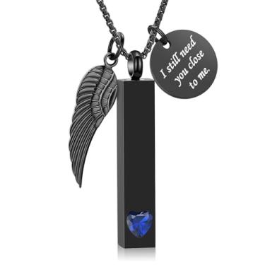 Imagem de Oinsi Joias de cremação para cinzas com pingente de asa de anjo colar de urna de barra vertical coração pedra do mês de nascimento em aço inoxidável pingente memorial lembrança para mulheres e homens
