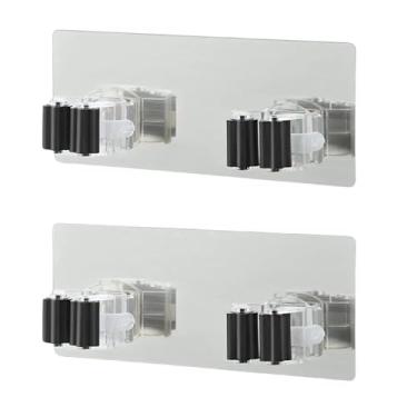 Imagem de Kit 2 Suportes de Vassoura, Rodo e Esfregão Parede Preto Adesivo Aço Inox Escovado Vassoureiro Organizador Multiuso Sem Furos para Cozinha Lavanderia Banheiro Durável