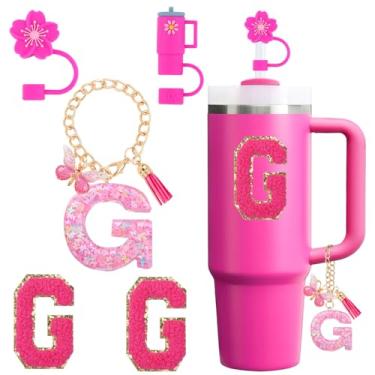 Imagem de Conjunto de acessórios para copo Stanley Cup 850.5 g 1,134.0 g copo com alça, incluindo tampa de cobertura de palha de silicone, pingente de alça, adesivo de iniciais fúcsia (G)