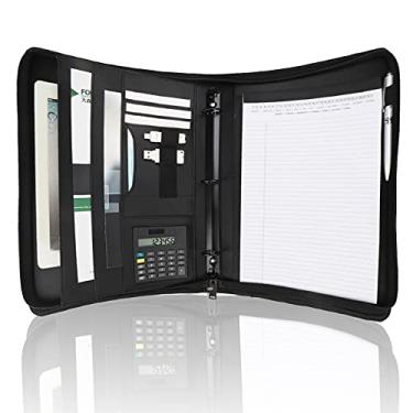Imagem de Freeprint Portfólio de negócios com zíper 3 argolas organizador de fichário - pasta de couro PU organizador de documentos com calculadora solar, bloco de escrita