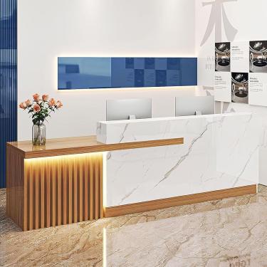 Imagem de Mesa De Recepção Com Balcão Mesa De Recepção Moderna Com Luzes Led Balcão Frontal Mesa De Recepção De Madeira Para Escritório Salão De Beleza Checkout, Wood Left, 160cm/63inch