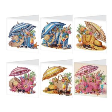 Imagem de SHEGZHUC Pacote com 6 kits de arte de diamante para adultos, aniversário, casamento, aniversário, felicitações, cartões de agradecimento com envelopes || Sacos de guarda-chuva de praia para férias