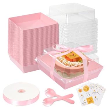 Imagem de Hokimder Caixas De Bolo Papel Rosa 7 X 4 Polegadas Com Tampas Transparentes E Garfos, Pacote 20 Recipientes Quadrados Descartáveis Para Alimentos Padaria Charcutaria Bolos A 6 Polegadas, Tortas, San
