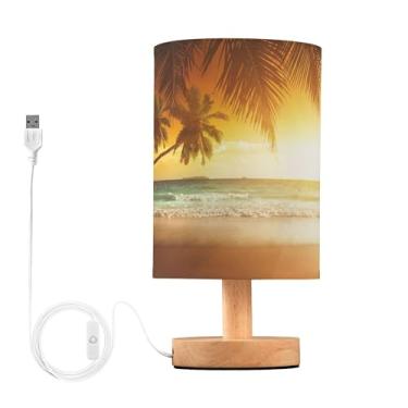 Imagem de YYZZH Luminária De Mesa Com Lindo Pôr Do Sol, Praia, Oceano, Palmeira, Mar Caribe, Cabeceira Base Madeira, Abajur Tecido, Para Sala Estar, Quarto, Escritório Infantil