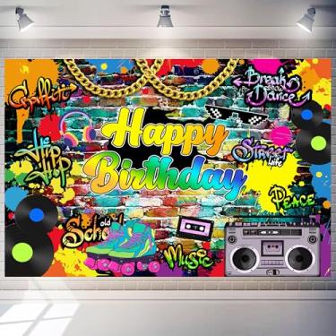 Imagem de Pano de fundo de festa de aniversário dos anos 80 3 x 2,4 m, parede de tijolos de graffiti anos 90, decoração temática hip hop, faixa para feliz aniversário, material de toalha de mesa de bolo