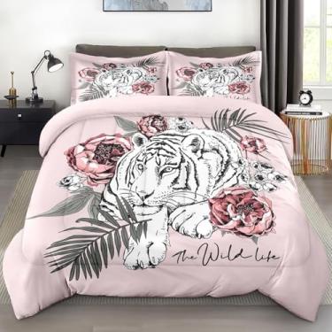 Imagem de Pamnest Conjunto de edredom tamanho king, 3 peças, flor de peônia e tigre para crianças e adultos, conjunto de edredom macio com folhas de gato e folha de palmeira com 2 fronhas, para decoração de