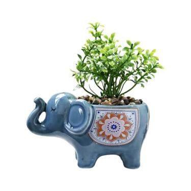 Imagem de SUSOYAOCHEN Vaso de suculentas de cerâmica, pequenos vasos de flores de cacto animal com drenagem, lindo vaso de bonsai de elefante para mesa, peitoril da janela, decoração interna e externa (azul