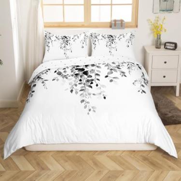 Imagem de Erosebridal Conjunto de cama de eucalipto preto e branco, capa de edredom com folhas de plantas em aquarela, moderno, minimalista, elegante, para crianças, adolescentes, mulheres, botânico, natural,