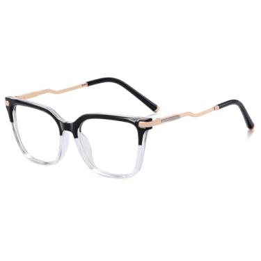 Imagem de Tr90 Óculos quadrados antirluz azul feminino lente transparente retrô armação de óculos de metal, Preto transparente dourado