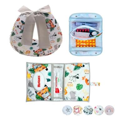 Imagem de Necessaire Porta Remédios Portátil + Porta Fraldas, lenço Umedecido e Pomada + Almofada Amamentação Para Bebê(SAFARI)
